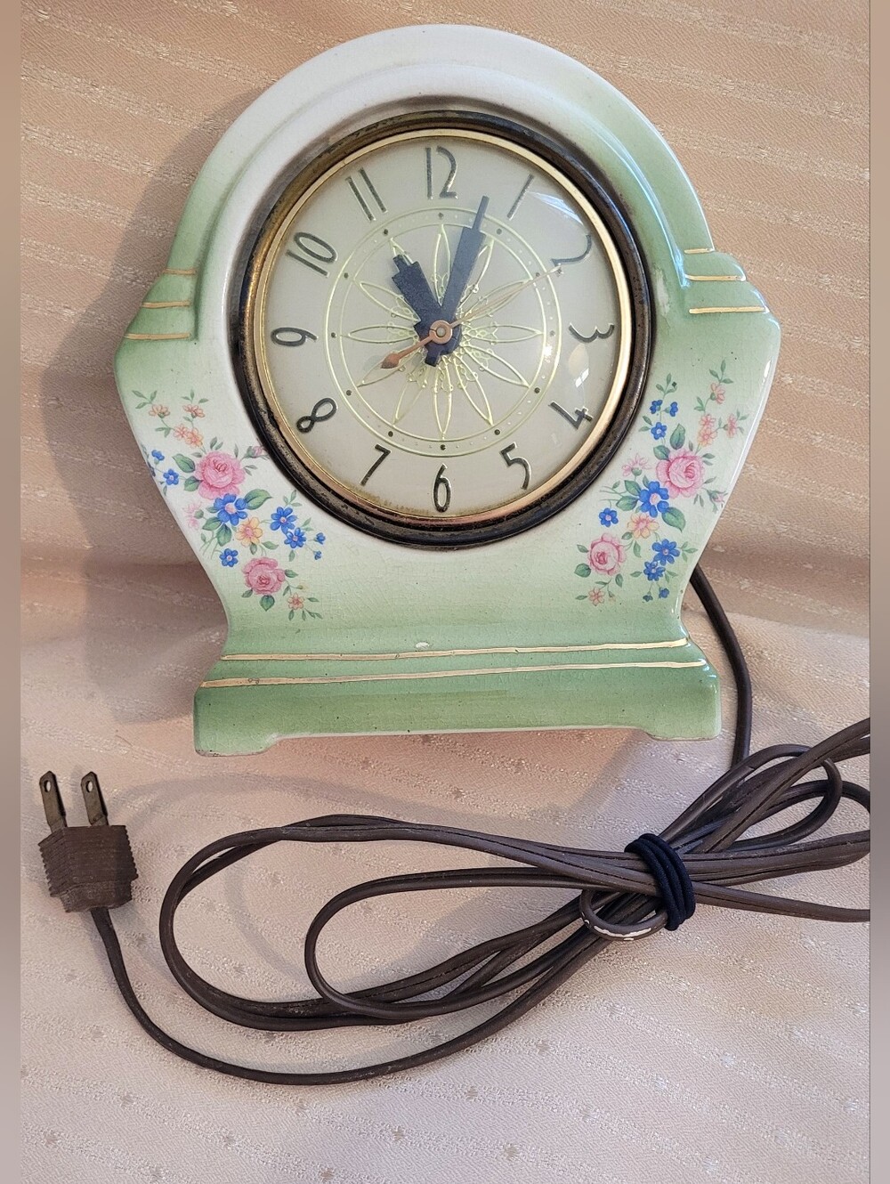 Vintage Royal Oxford China Electric Clock Art Deco Floral 22K Gold - Motor Hums